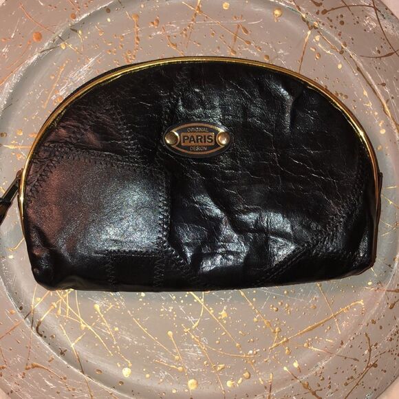 Paris Faux Patch Leather Black Gold Metallic Nesting Travel Bags - Picture 2 of 13